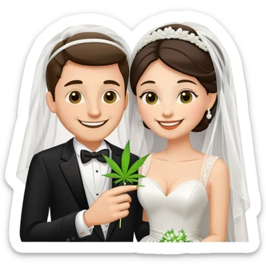 Bride in white dress and groom in tuxedo sharing a cannabis joint, cheerful cartoon wedding couple sticker