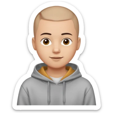 Light skin tone
Buzz cut (very short hair)
Thick, straight eyebrows
Big round brown eyes
Small closed-mouth smile
Wearing a grey hoodie over a white T-shirt sticker