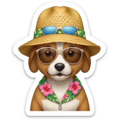 dog with sunglasses and straw hat, hawaii shirt sticker