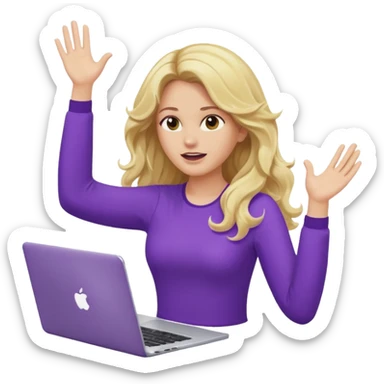 lady with long blonde wavy hair, purple top throwing her with a laptop hands in the air saying why sticker