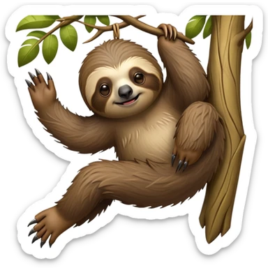 cinematic-sloth-realistic-full-body-hanging-emoji,-long-curved-claws-clinging-to-a-tree,-thick-shaggy-brown-fur-slightly-ruffled,-head-tilted-dramatically,-slow-blinking-eyes-filled-with-serene-wisdom,-simplified-yet-realistic-focused-features,-highly-detailed,-glowing-with-an-almost-sarcastic-glow sticker