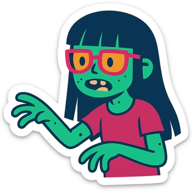 zombie girl with long black hair, bangs, and glasses, colorful cartoon style sticker