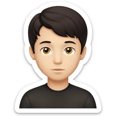 This avatar of boy has tightly curled dark hair styled upward, a rounded face with golden-brown eyes, and a neutral expression sticker