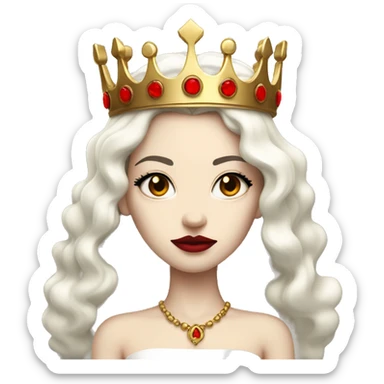 Queen with pale skin, long black hair, bright red lips, skinny gold crown, white dress, and evil stare.  sticker