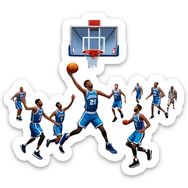 An icon showing a basketball court with players in action, inspired by NBA 2K25. A player jumps for a dunk, the ball mid-air, with the court’s floor and surrounding basketball arena visible. Bright lights highlight the excitement of the game. Transparent background. sticker