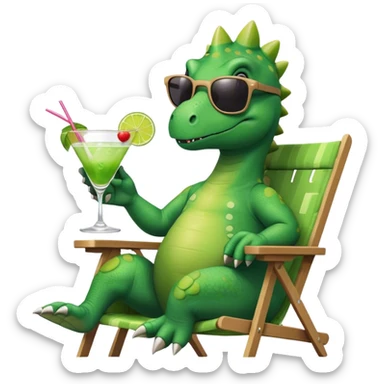cute green dinosaur with sunglasses that he's raising, with an inquisitive eyebrow raise, facing forward, in a lawn chair, holding a cocktail sticker