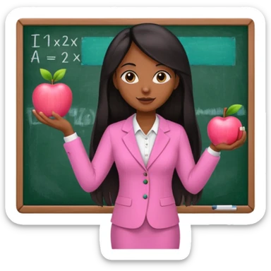 a brown skin teacher with hair with black straight long hair wearing pink not hot pink 2 piece set teaching up on a board the board nothing on the board but a pink apple sticker