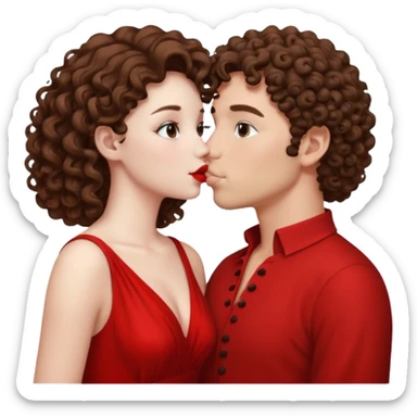 A couple kissing, the man would be white-skinned, curly, brown-hair. The serious woman with white skin, brown color sticker