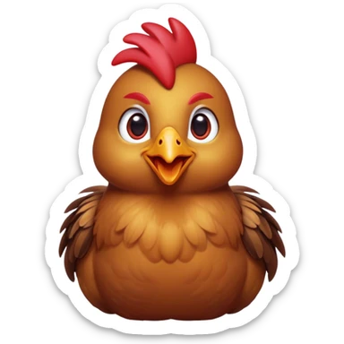 Cinematic Cute Brown Chicken Portrait Emoji, Head tilted playfully and inquisitively, featuring a lustrous brown feathered coat with a natural sheen and a subtle red comb, round, sparkling beady eyes filled with curiosity, Simplified yet irresistibly adorable features, highly detailed, glowing with a warm, friendly glow, high shine, affectionate and lively, stylized with a touch of country charm, bright and endearing, soft glowing outline, capturing the essence of a mischievous yet loving chicken, so playful it feels like it could peck out of the screen and into your arms! sticker