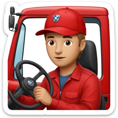 Мужчина в красном шапке на красном фуре вольво водитель тягача sticker