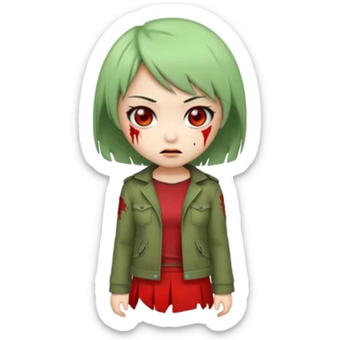 chibi Asian zombie girl emoji, short Ada Wong bob haircut, green skin, red pupils, shy smile sticker