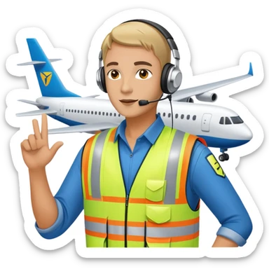 ramp agent at airport wearing reflective vest and headphones, directing aircraft sticker