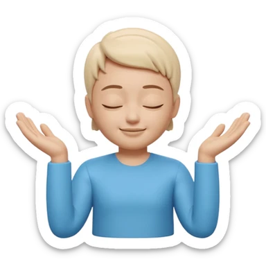 Apple Memoji style 3D character, male/female, eyes closed with a peaceful serene smile, hands making a 'zen' or 'relax' gesture, soft studio lighting, high resolution, 4k, octane render, clean 3D clay texture, vibrant colors, isolated on a plain white background." sticker