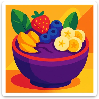 Mighty Purple acai bowl, vibrant, healthy, with fruit toppings, stylized illustration sticker