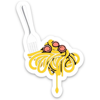 Fork with carbonara spaghetti twirled around it, isolated sticker