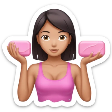 sexy and muscled tanned asian girl, washing room with pink soap sticker
