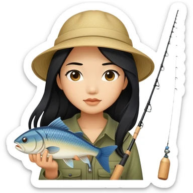 asian girl with long black hair fishing sticker