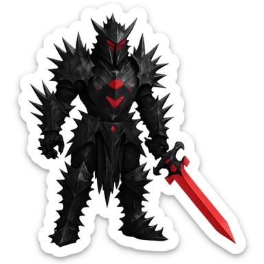 Make the knight's black armour spikey, keep glowing red eyes, imposing stance, no background. sticker