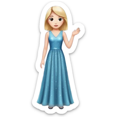 Девушка одета в дорогое платье , стоит на сцене. Рядом свет софитов, много камер, ее фотографируют  sticker