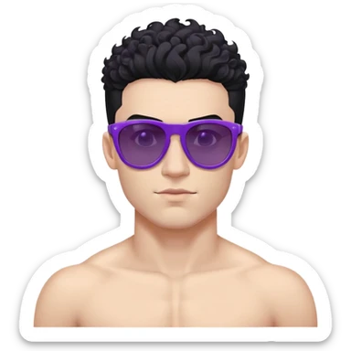 shirtless male athlete with white skin and moderately curly black hair on top with shaved sides, wearing purple sunglasses with black tinted lenses sticker