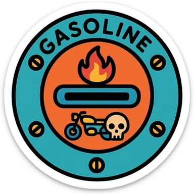 circular motorcycle gas cap design, transparent background, text 'GASOLINE', motif: flame, motorcycle, skull, dark style sticker