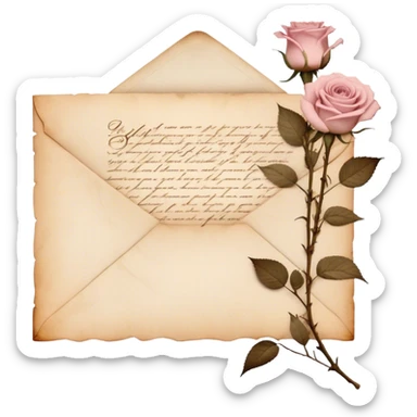 An antique handwritten letter with dried light pink roses and a golden wax seal, vintage aesthetic. sticker