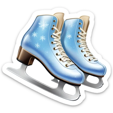 An icon showing In the background, twinkling lights, winter trees, and cheering spectators create a festive atmosphere. a pair of elegant ice skates gliding across a smooth, frozen rink with snowflakes in the air. Transparent background highlights the grace and charm of ice skating. sticker