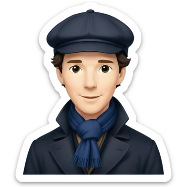 sherlock holmes benedict cumberbatch smile, wearing a deerstalker hat, Long dark coat, Dark suits, dark Blue scarf sticker