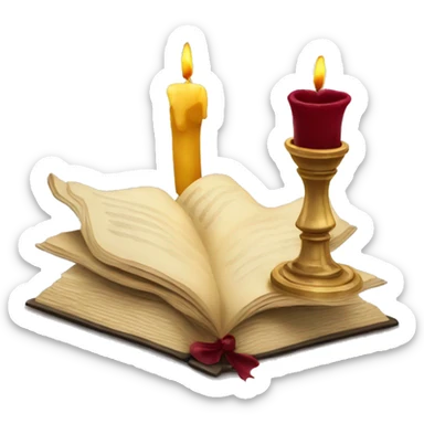 open book and candlestick with burgundy bow sticker