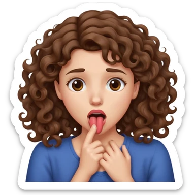 girl clutching her neck as she sticks out her tongue, she looks annoyed but amused. she has curly/wavy brown hair  sticker