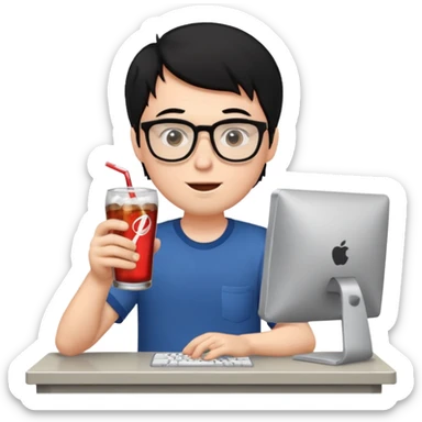 Hombre blanco con gafas, pelo negro tomando un refresco frente a un ordenador con ropa de sport sticker