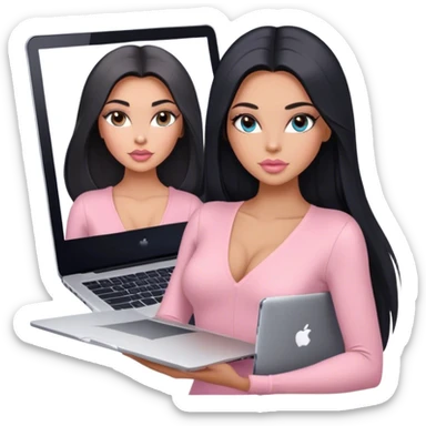 Glamours, tanned, very beautiful girl, with big pump peach-beige-rose lips, long lashes, black straight smooth silky long hair, straight parting hair, blue-grey eyes, in light-pink v-neck bodysuit holding MacBook sticker