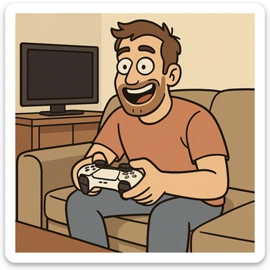 cartoon style man sitting on sofa playing PlayStation 5, smiling, gamepad in hands, TV in background sticker