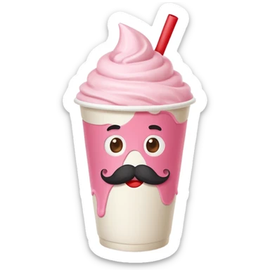 strawberry milkshake in a paper cup with mustache sticker