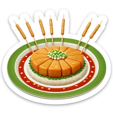 tteokbokki with finger-thick and two-joint-long rice cakes, similar length triangular fish cakes, wooden toothpick skewer, green round plate with small white dots, finely chopped green onion topping in the center on top of tteokbokki sticker