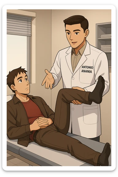 fai un webtoon manga a colori con questo stile, in cui un uomo è steso sul lettino medico e il kinesiologo con il camice bianco (fagli anche la scritta "ANTONIO ANANIA" SUL CAMICE, gli solleva una gamba per fargli il test neuromuscolare, IL KINESIOLOGO SPIEGA ALL'UOMO UNA cosa mentre gli alza la gamba. non fare i fumetti però, fai solo in modo che sembri stiano parlando, il lettino fai in modo che si veda tutto intero sticker
