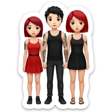 generate a fair boy with messy black hair, tattoos. standing beside a fair black haired girl wearing a black cami top and a tan girl with red hair sticker