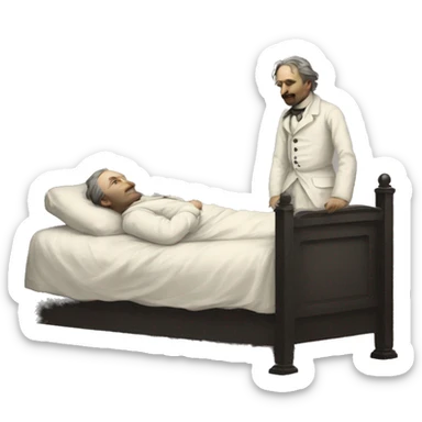 A sick man on a bed in 1870 sticker