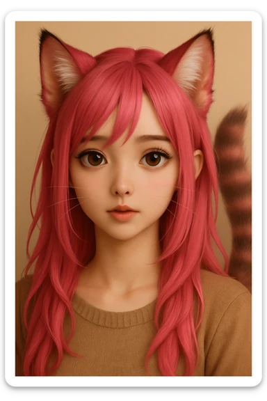 Change the hair color to vibrant pink while keeping the realistic anime catgirl style with enhanced cat-like features, preserving the overall look and feel. sticker