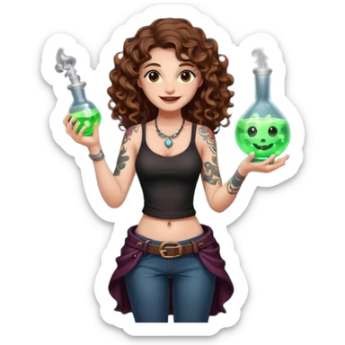 full body view of a woman with long curly brown hair, brown eyes, white skin, tattoos, holding a glowing potion flask at hip level, playful dangerous smile sticker