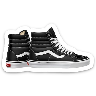 A pair of black Vans Sk8-Hi sneakers arranged with one shoe positioned behind the other, high-top skate shoes with white side stripe and waffle soles sticker