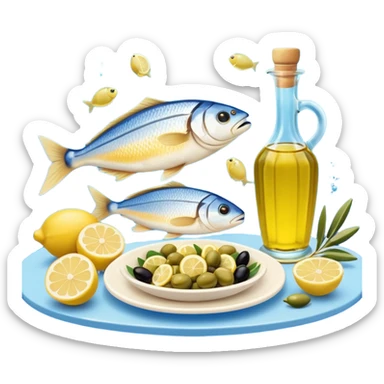 Mediterranean cuisine humanless avatar in clean emoji-style illustration. Olive oil, fish, lemon, blue and sunny colors, light and fresh mood, flat design, high contrast. sticker