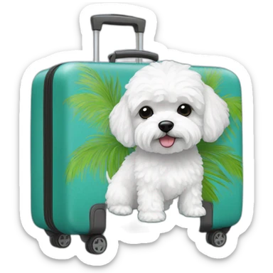 white maltipoo with Hawaiian luggage sticker