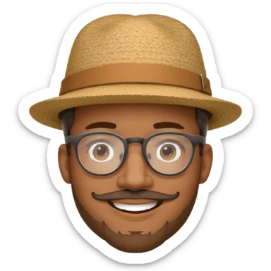 Brown man smiling with hat, clear glasses and goatee sticker