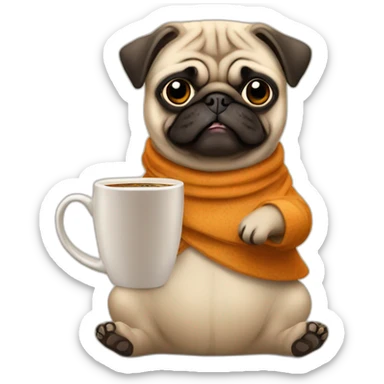 Pug in an important costume with a mug of coffee sticker
