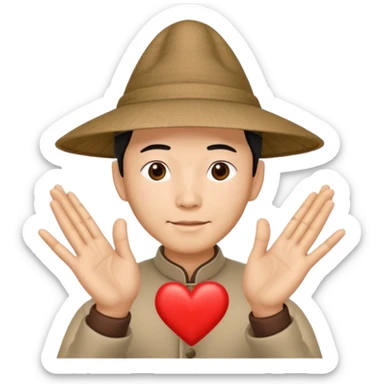 chinese man in pointy asian hat doing heart hands sticker