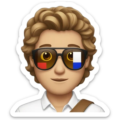 A young fit man with a white shirt and sunglasses on his hair with brown hair and a French flag in his hand sticker