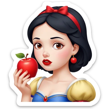 Cinematic Funny Snow White Portrait Emoji, Holding an apple with a suspicious expression, one eyebrow raised, lips pursed as if questioning her life choices, a hilariously relatable fairy tale moment! sticker