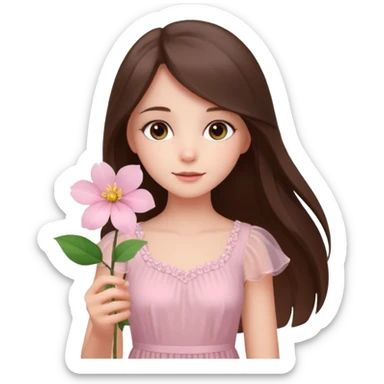 white brunette girl long hair with hazel eyes in light pink dress holding a flower sticker