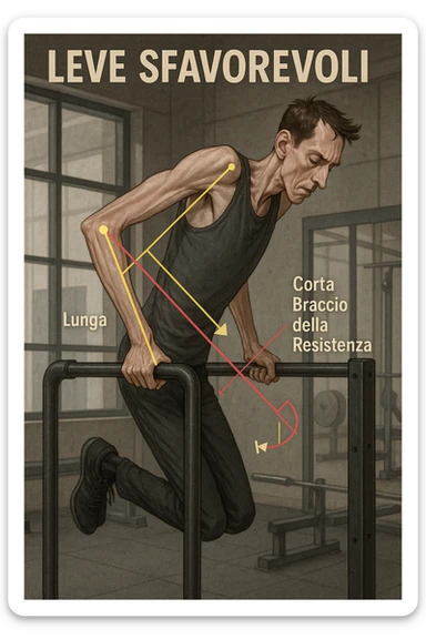 a tall, lean man with very long arms and a short torso attempts a dip on parallel bars. His elbows are deeply bent and his body appears awkwardly positioned, highlighting the mechanical disadvantage. An overlay shows anatomical lines and angles, with labels explaining “Leve Sfavorevoli” The background is a modern gym, with a focus on biomechanics. in italiano sticker